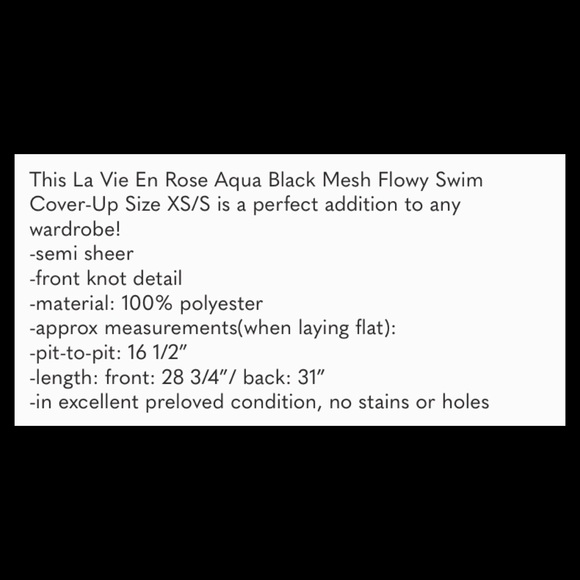 La Vie En Rose Aqua Black Mesh Flowy Swim Cover-Up Size XS/S - Picture 6 of 6